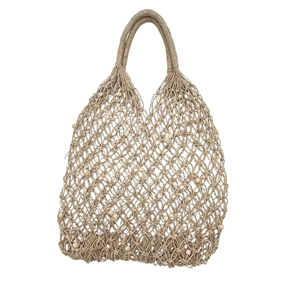 NWT Macrame Wood‎ Bead Tote Bag - Coastal Boho Aesthetic